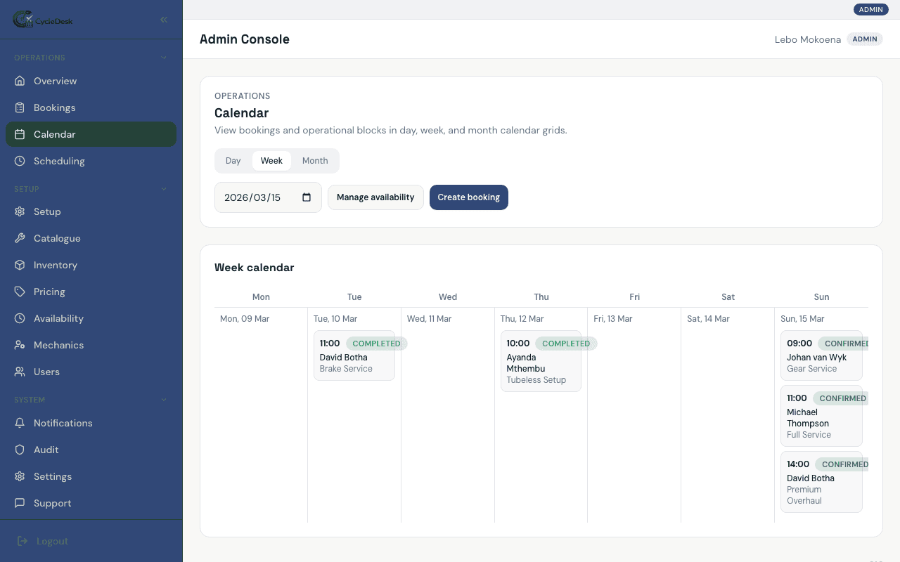 Booking calendar screenshot