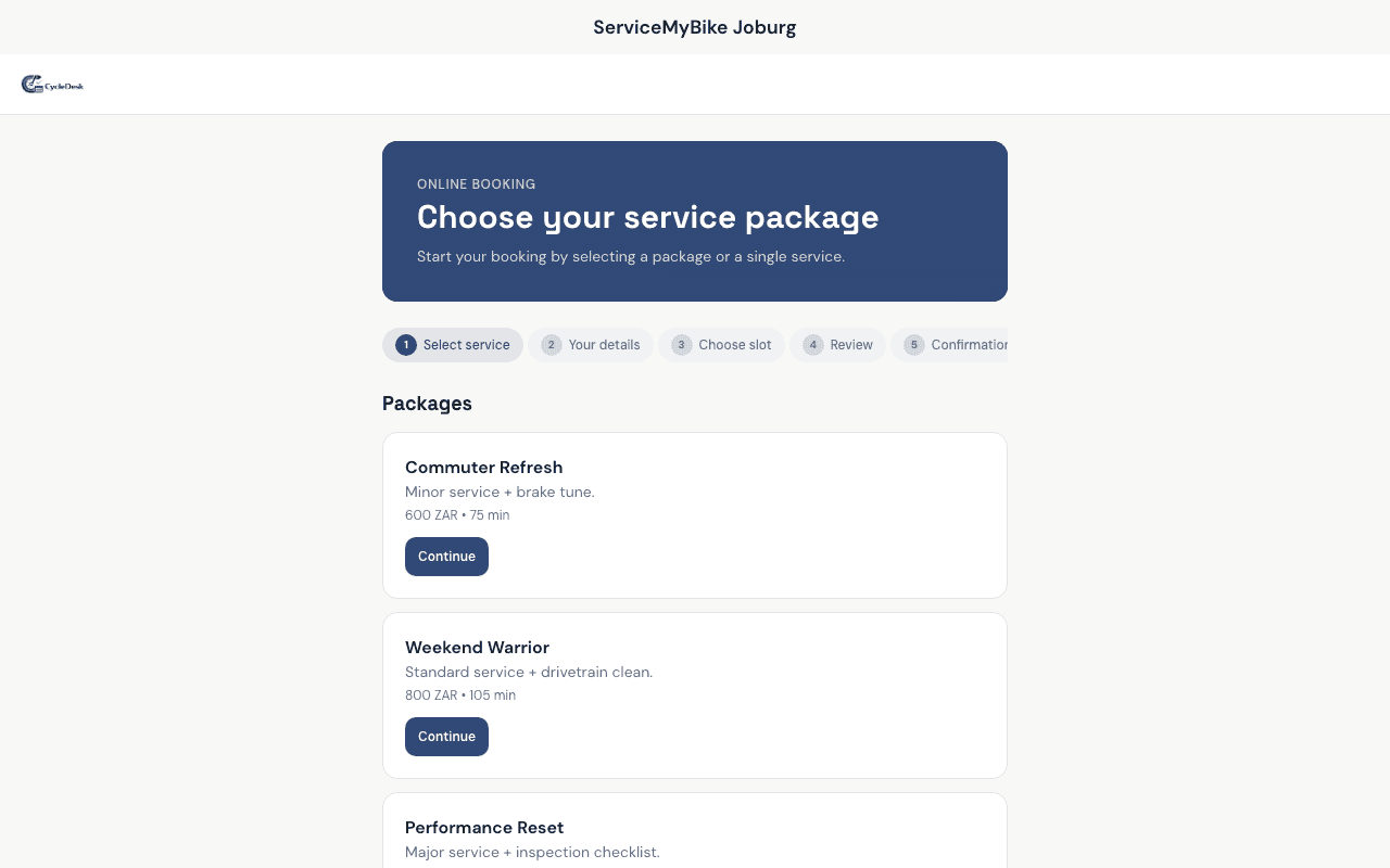 Customer booking flow — choose a service package